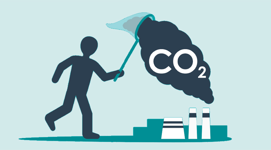 Carbon capture illustration (stickman catches fumes in a net)