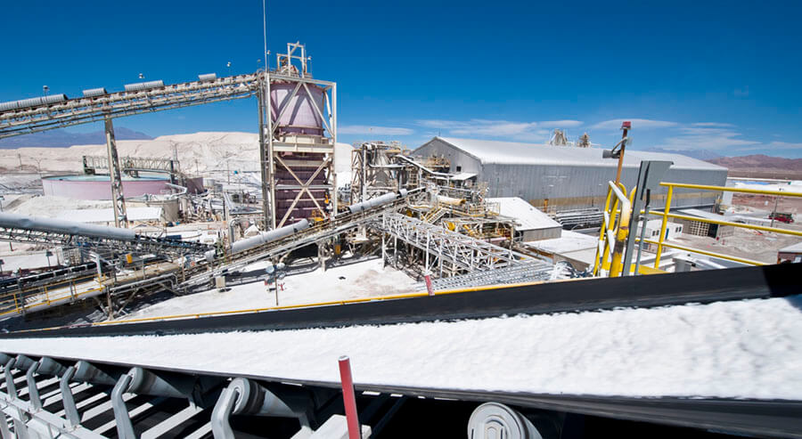 Plant for processing lithium chloride into lithium carbonate for use in the production of batteries. The lithium chloride is extracted from mineral-rich brine in large evaporation ponds. Photographed in the Atacama Desert, Chile.