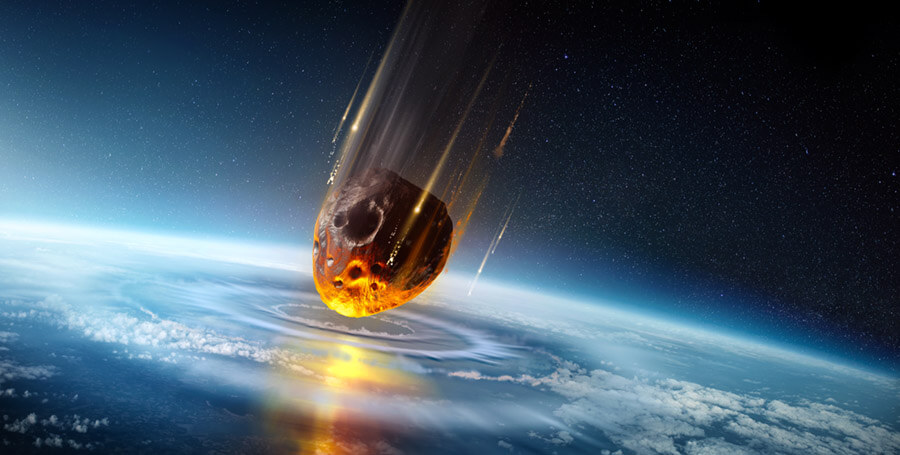 A huge city sized meteor slams into the earth's atmosphere creating shock waves. Mass extinction event 3D science illustration.