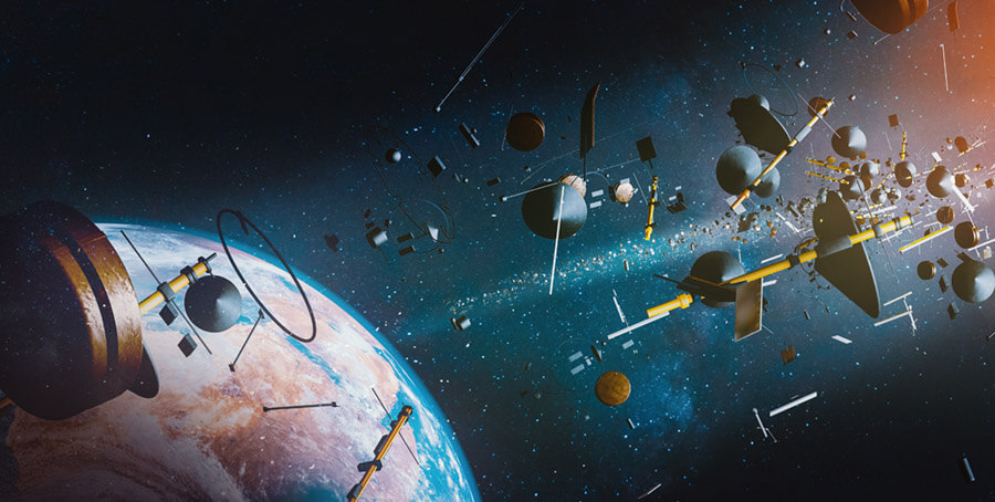 Aerial view of Earth surrounded by space junk from space ships and satellites; 3D; 3D Illustration