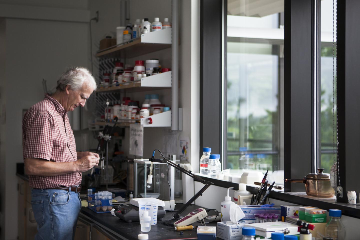 Senior Research Scientist David Emerson works in his laboratory at Bigelow Laboratory for Ocean Sciences.