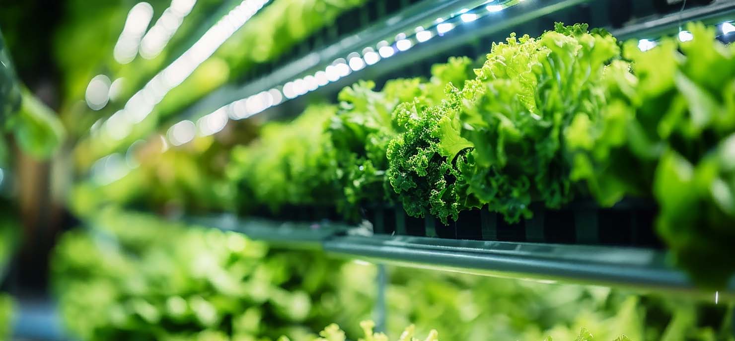 vertical farm with stacked layers of plants growing under LED lights