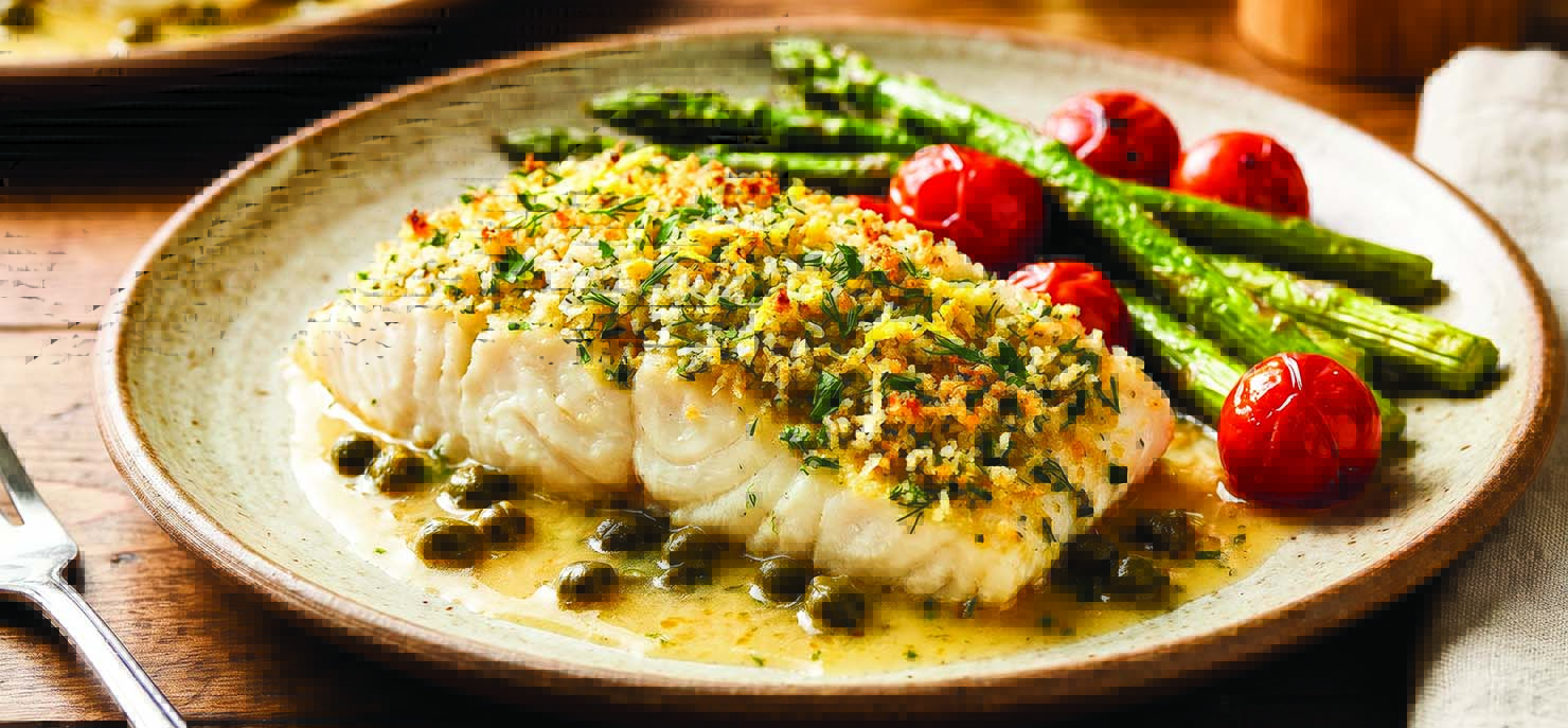Baked cod dinner on plate with veg