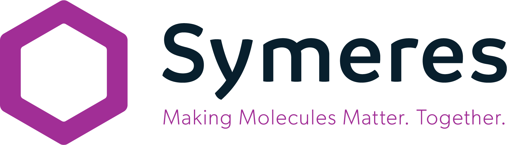 Symeres purple and black logo with strapline Making Molecules Matter. Together