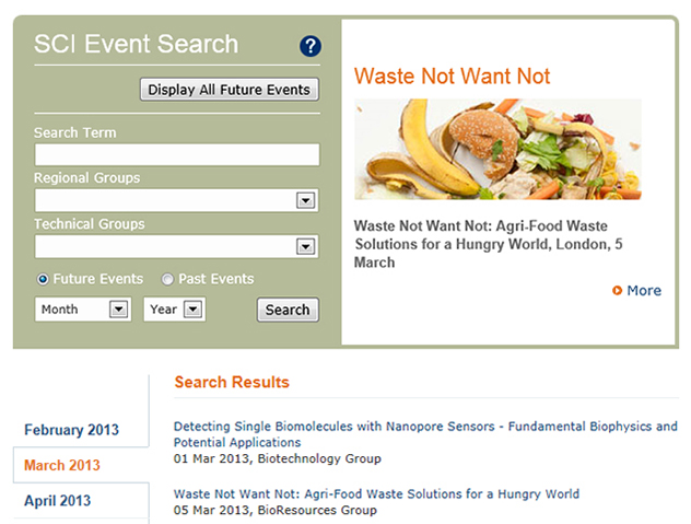 events search box and results