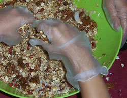 granola and rubber gloves