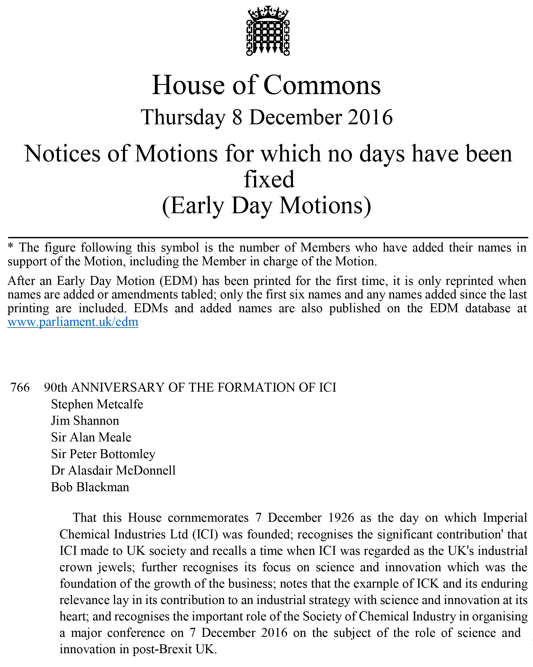 Hansard commemorates ICI's contribution to UK society and recognises SCI's celebration.