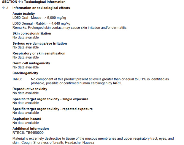 Section 11 of the aluminium phosphate MSDS 