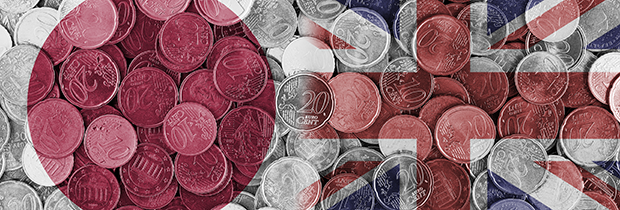 SCI PoliSCI newsletter 27th October 2020 - image of Japanese and UK flags side by side overlay on coins