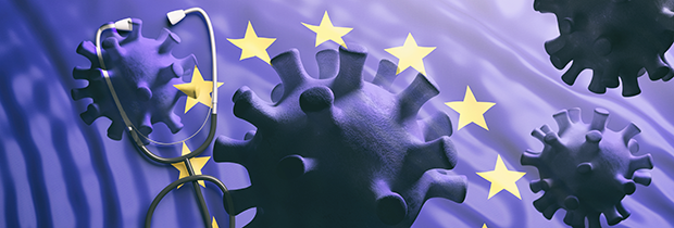 SCI PoliSCI newsletter 24 November 2020 - graphic of covid 19 cells, EU stars and a stethoscope