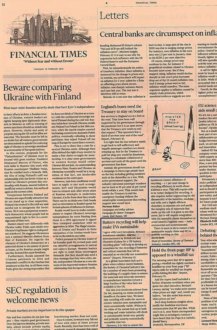 Scan of the Letters page of the Financial Times 10 February 2022 with David Bott's letter highlighted