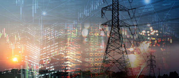 PoliSCI - 25 February 2022 - image of electric pilons and stock market overlay