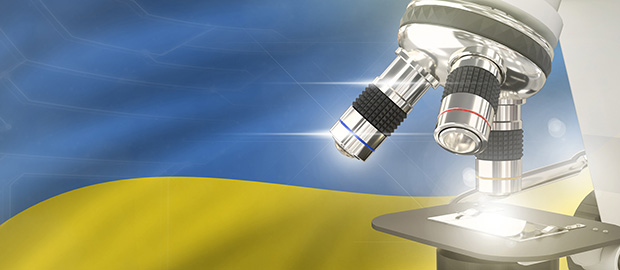 PoliSCI - 07 April 2022 - Cop 26 update - image of microscope in front of Ukrainian flag