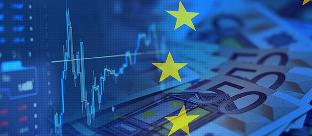 PoliSCI - 12 April 2022 - EU stars on a background of 50 euro notes and stock market graphs