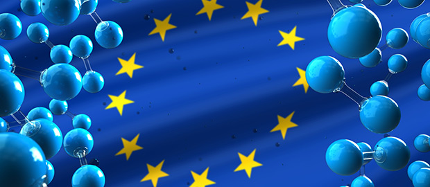 PoliSCI Newsletter - 24 May 2022 - image of hydrogen molecules in front of EU flag