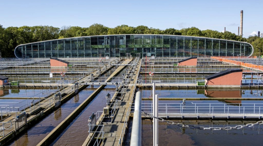 Gryaab wastewater treatment plant building and outdoor reservoirs