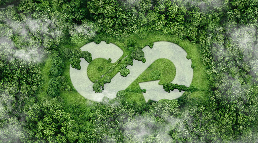 Aerial treetops with circularity symbol