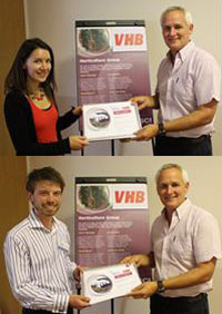 Chris Moncrieff presents the David Miller Travel Bursary Award to Emma Bennett and Scott Hayes