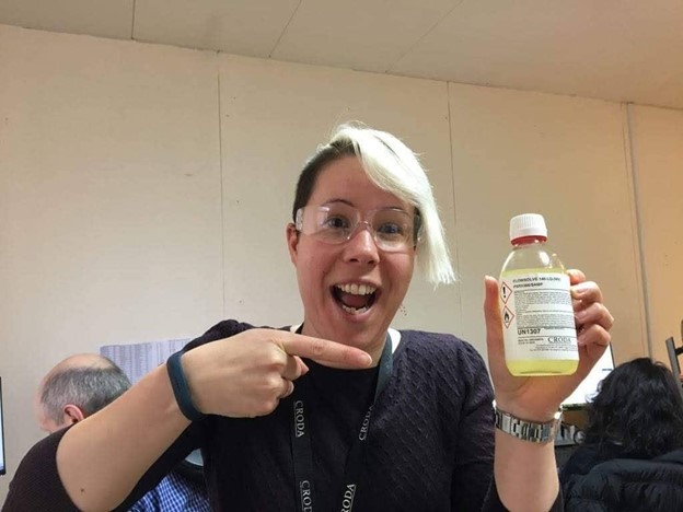 SCIblog - 8 November 2021 - Women in Chem – Jessica Jones - Image of Jessica with the first product she developed at Croda
