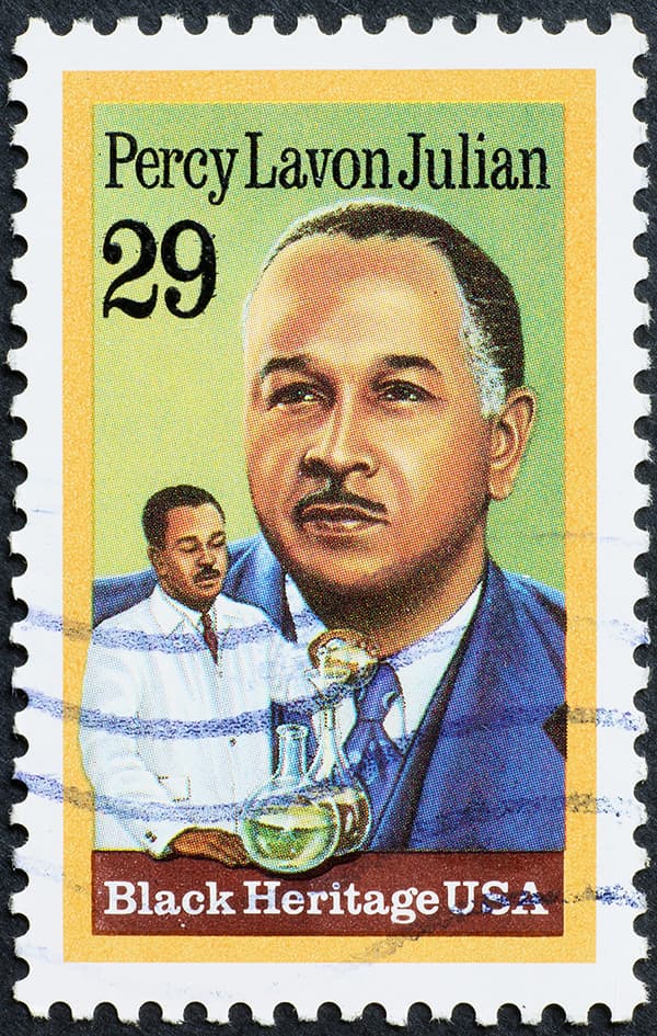 SCIblog - 9 August 2021 - #BlackinChem - celebrating Percy Lavon Julian - image of Percy Lavon Julian on a stamp